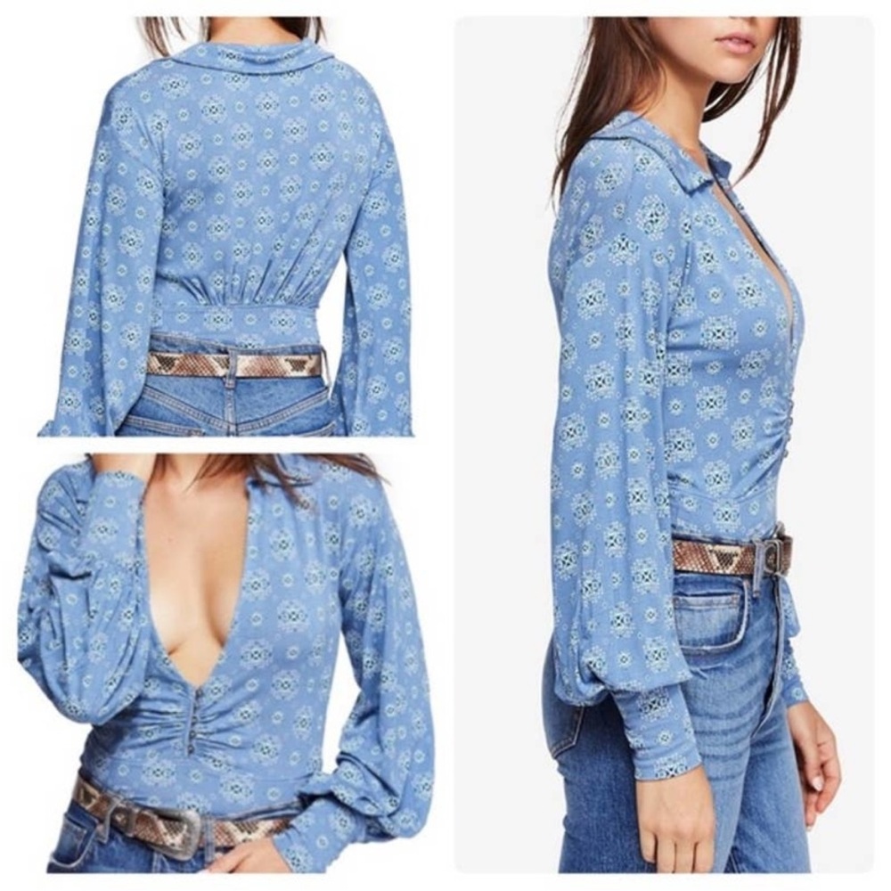 Free People Sydney Chambray Combo with Bishop Sleeves Blouse